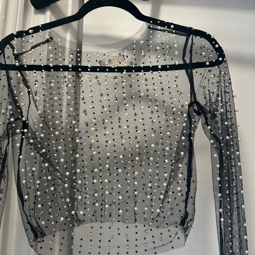 Festival top Sheer Black Top with Pearls and Rhinestones